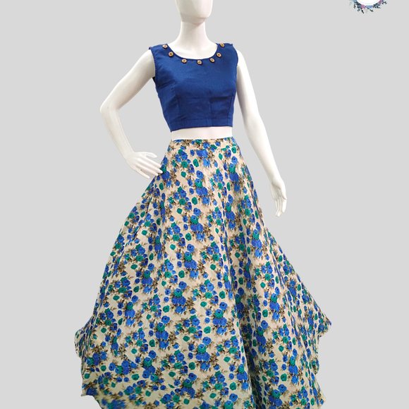 Blue Floral Print Raw Silk Skirt with Crop Top - Picture 4 of 6